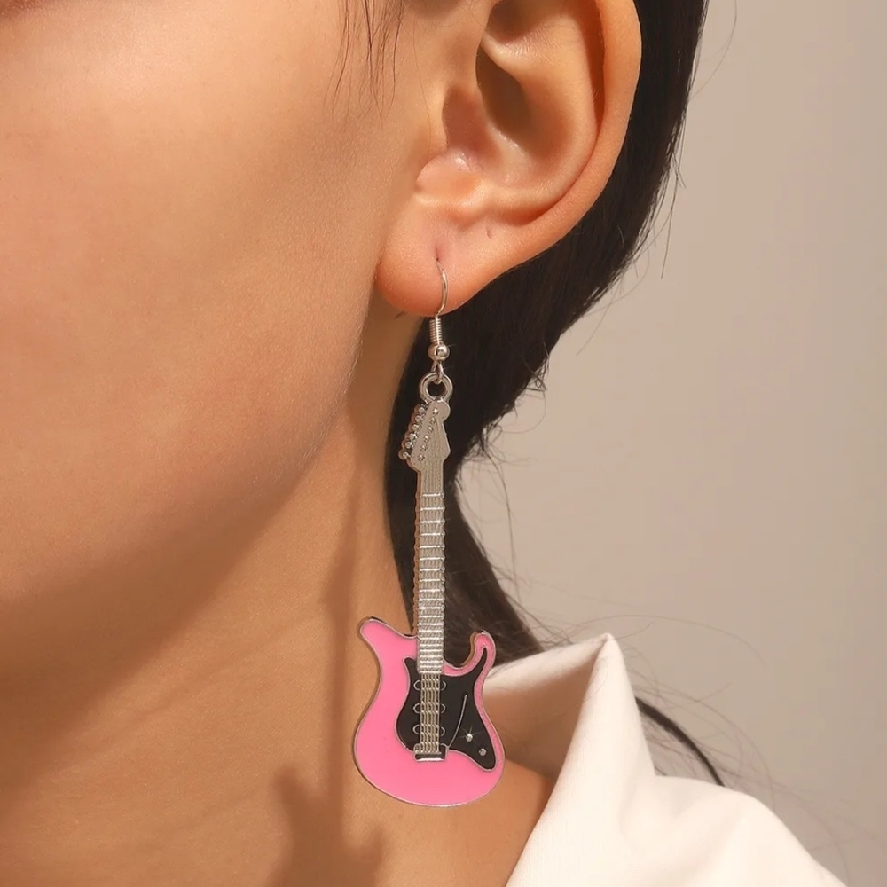 Guitar Earrings Pink Black & Silver
